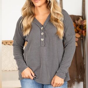 Andree Raised Ribbed Button V-Neck Knit Top
